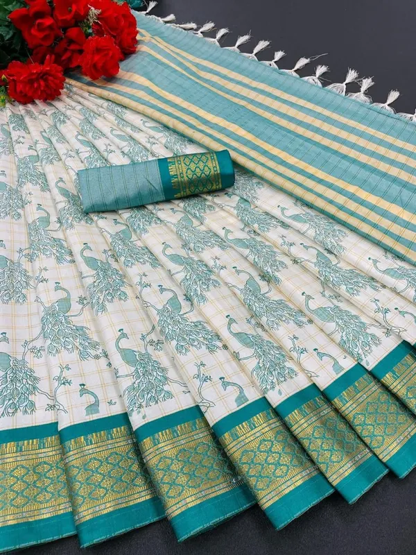 Blue_Banarasi_Cotton_Silk_Peacock_Block_Printed_Saree_For_Women_&_Girls