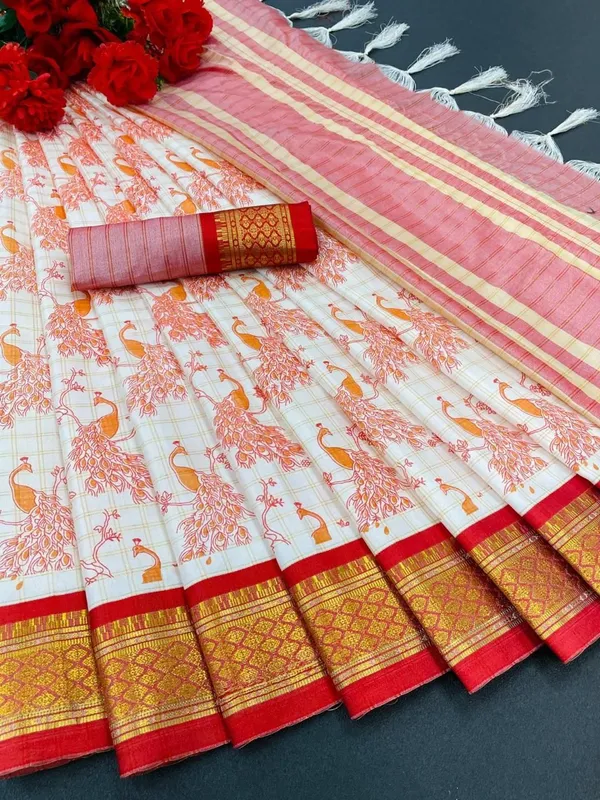 Orange_Banarasi_Cotton_Silk_Peacock_Block_Printed_Saree_For_Women_&_Girls