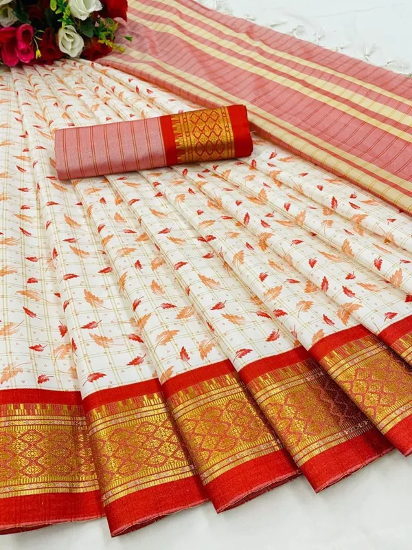 Orange_Banarasi_Cotton_Silk_Leaf_Block_Printed_Saree_For_Women_&_Girls