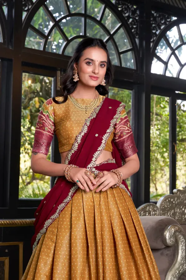 Mustard_Regal_Kanchipuram_Zari_Woven_Half_Saree_Set_with_Embroidered_Georgette_Dupatta