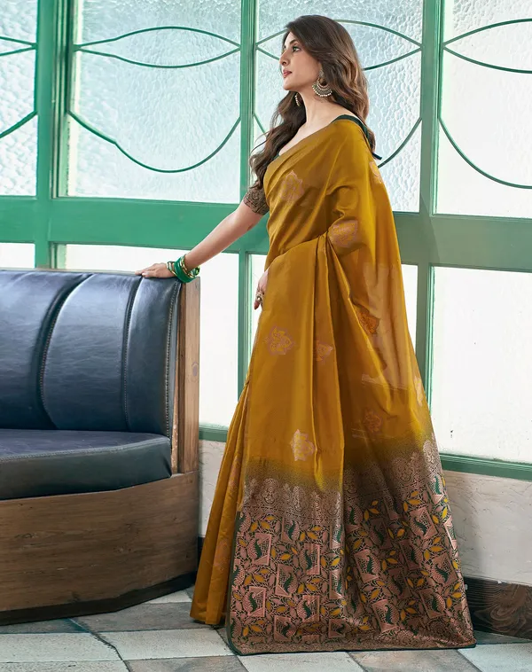 Mustard_Yellow_Banarasi_Silk_Blend_Jacquard_Saree_with_Rich_Woven_Zari_Border_&_Unstitched_Blouse_–_Festive_&_Wedding_Wear