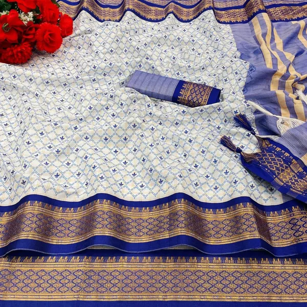 Royal_Blue_Banarasi_Cotton_Silk_Small_Check_Block_Printed_Saree_For_Women_&_Girls