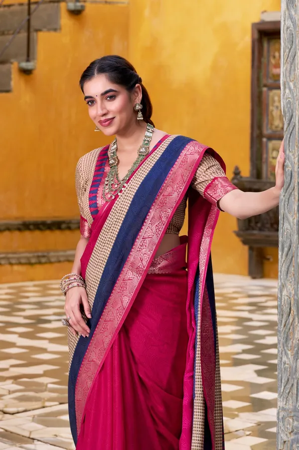 Pink_Elegant_Poly_Cotton_Saree_with_Printed_Zari_Weaving_Work_&_Contrast_Border