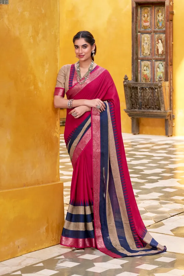 Pink_Elegant_Poly_Cotton_Saree_with_Printed_Zari_Weaving_Work_&_Contrast_Border