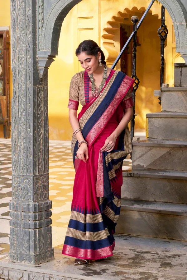 Pink_Elegant_Poly_Cotton_Saree_with_Printed_Zari_Weaving_Work_&_Contrast_Border