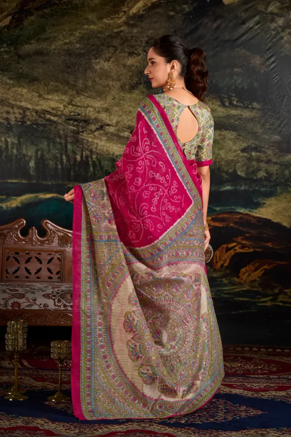 Pink_Pure_Silk_Madhubani_&_Bandhej_Fusion_Print_Saree_with_Unstitched_Blouse