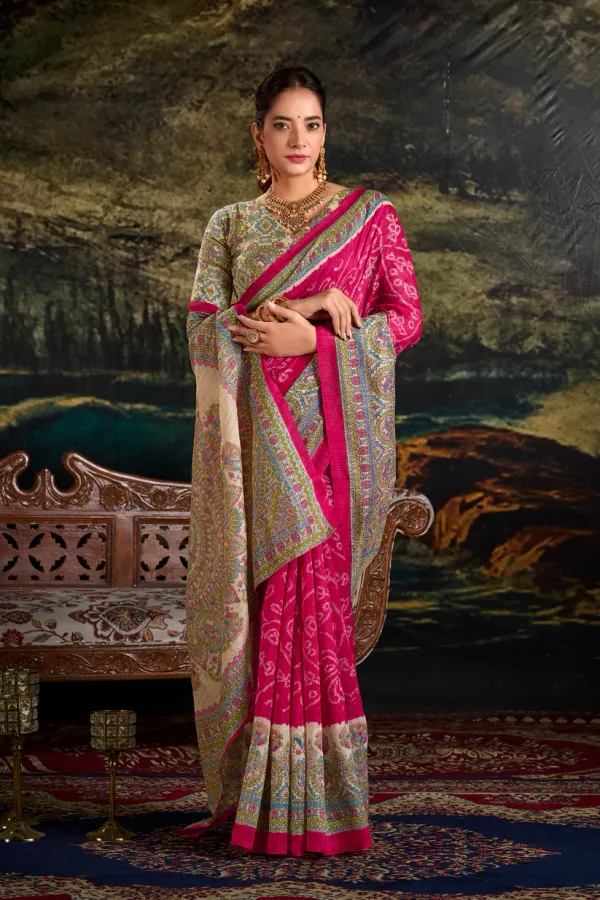 Pink_Pure_Silk_Madhubani_&_Bandhej_Fusion_Print_Saree_with_Unstitched_Blouse