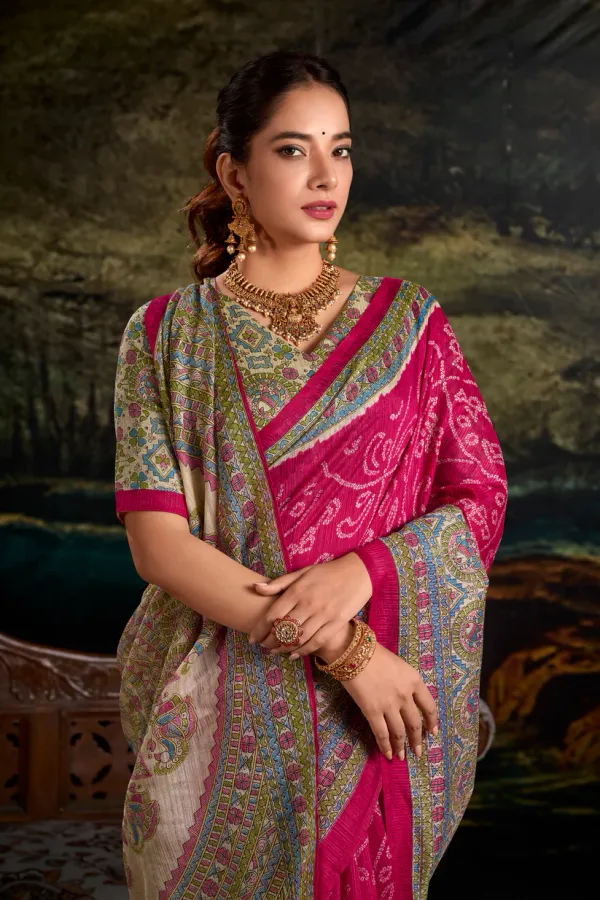 Pink_Pure_Silk_Madhubani_&_Bandhej_Fusion_Print_Saree_with_Unstitched_Blouse