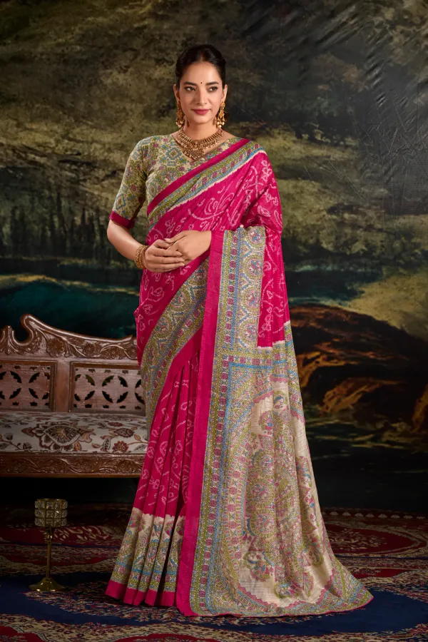 Pink_Pure_Silk_Madhubani_&_Bandhej_Fusion_Print_Saree_with_Unstitched_Blouse