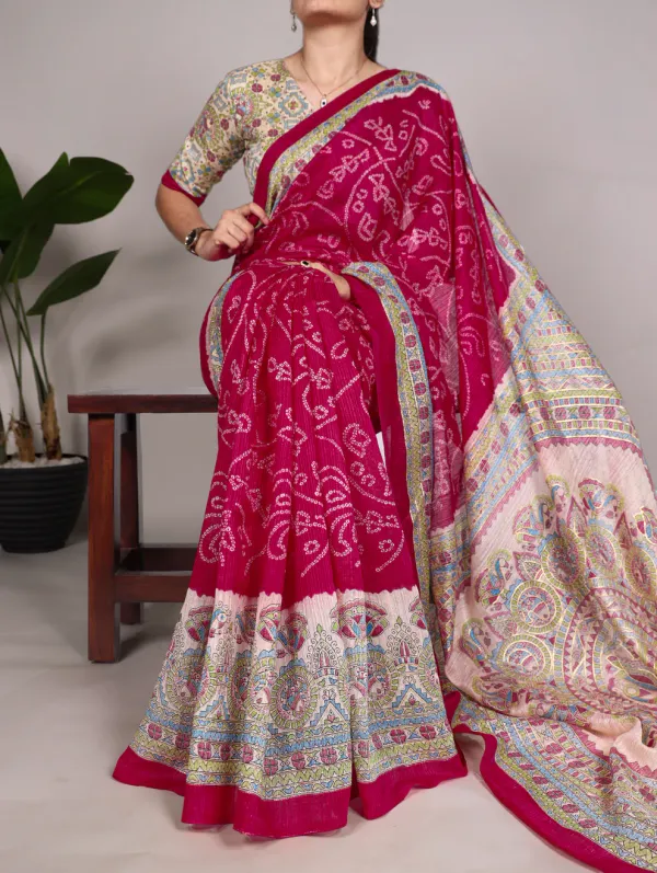 Pink_Pure_Silk_Madhubani_&_Bandhej_Fusion_Print_Saree_with_Unstitched_Blouse