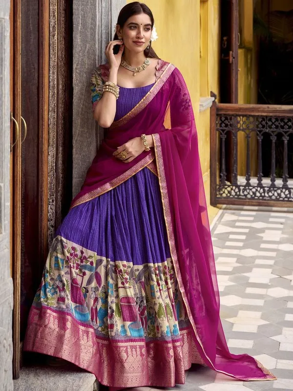 Poly_Chanderi_Kalamkari_Printed_Half_Saree_Set_with_Zari_Weaving_Work_and_Georgette_Dupatta