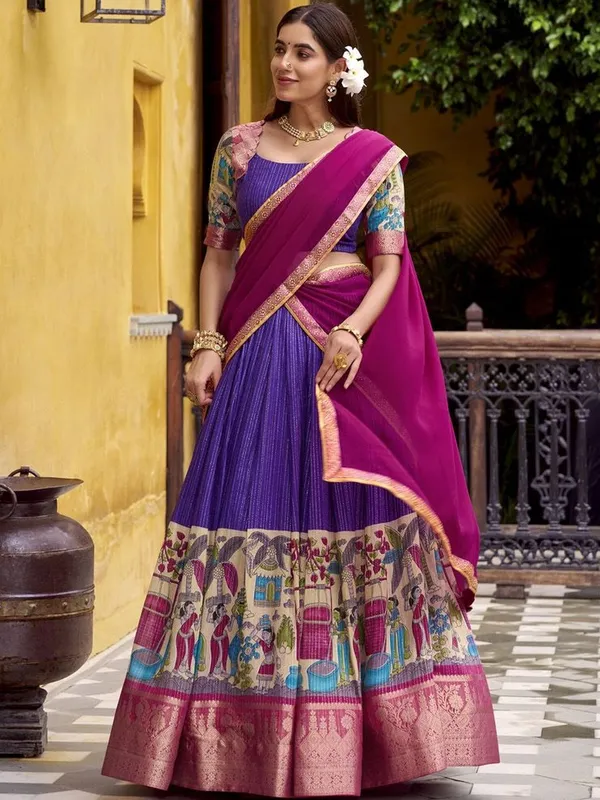 Poly_Chanderi_Kalamkari_Printed_Half_Saree_Set_with_Zari_Weaving_Work_and_Georgette_Dupatta