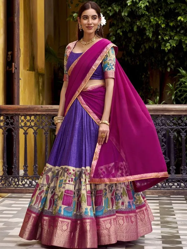 Poly_Chanderi_Kalamkari_Printed_Half_Saree_Set_with_Zari_Weaving_Work_and_Georgette_Dupatta