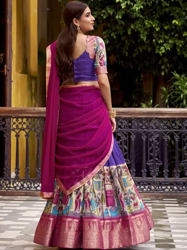 Poly_Chanderi_Kalamkari_Printed_Half_Saree_Set_with_Zari_Weaving_Work_and_Georgette_Dupatta