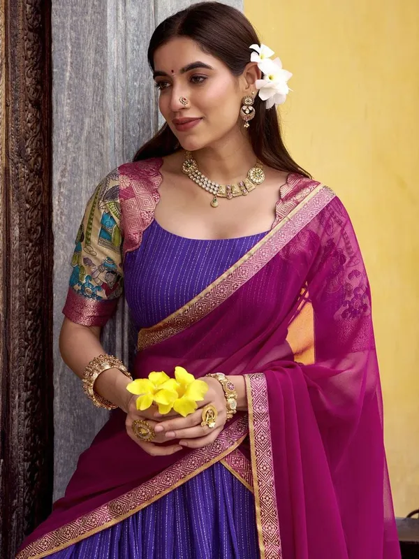 Poly_Chanderi_Kalamkari_Printed_Half_Saree_Set_with_Zari_Weaving_Work_and_Georgette_Dupatta