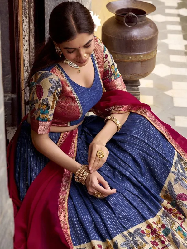 Printed_Kalamkari_Half_Saree_Set_with_Unstitched_Blouse_&_Dupatta