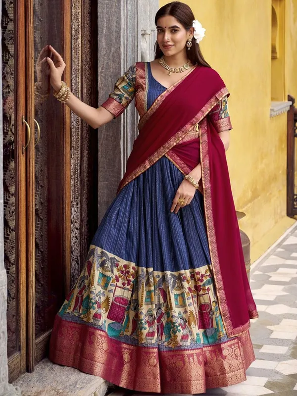 Printed_Kalamkari_Half_Saree_Set_with_Unstitched_Blouse_&_Dupatta