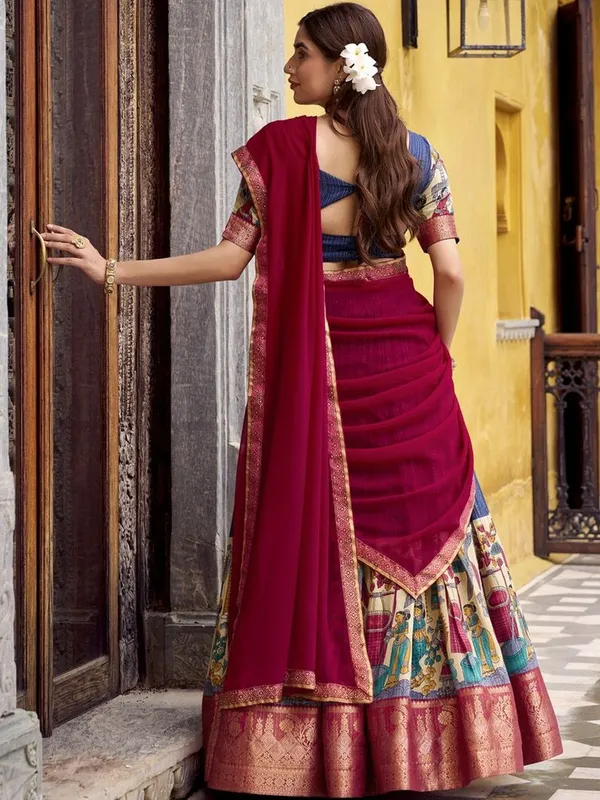 Printed_Kalamkari_Half_Saree_Set_with_Unstitched_Blouse_&_Dupatta