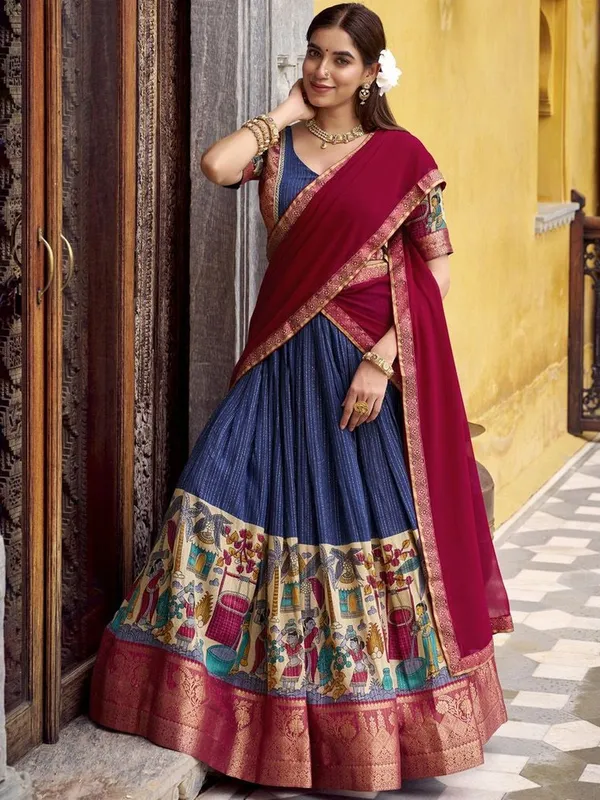 Printed_Kalamkari_Half_Saree_Set_with_Unstitched_Blouse_&_Dupatta