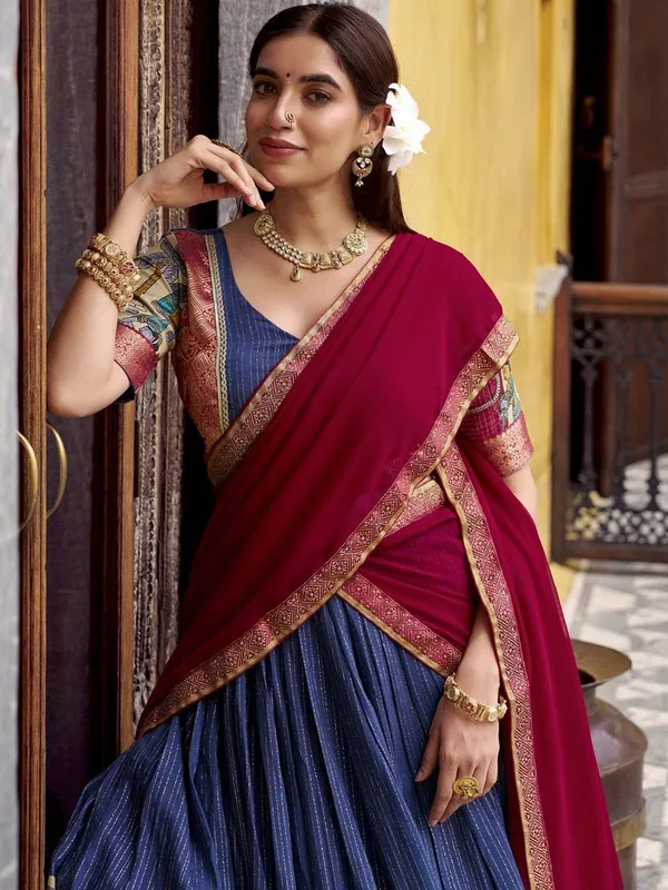 Printed_Kalamkari_Half_Saree_Set_with_Unstitched_Blouse_&_Dupatta
