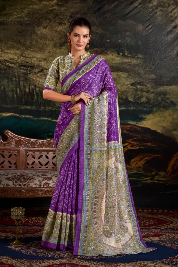 Purple_Pure_Silk_Madhubani_&_Bandhej_Fusion_Print_Saree_with_Unstitched_Blouse