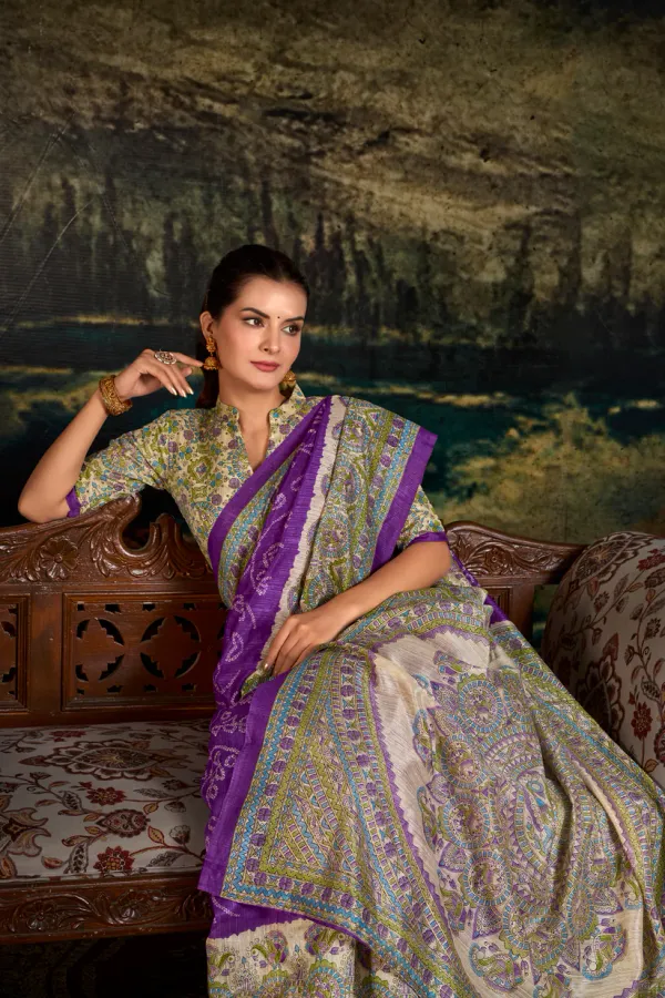 Purple_Pure_Silk_Madhubani_&_Bandhej_Fusion_Print_Saree_with_Unstitched_Blouse