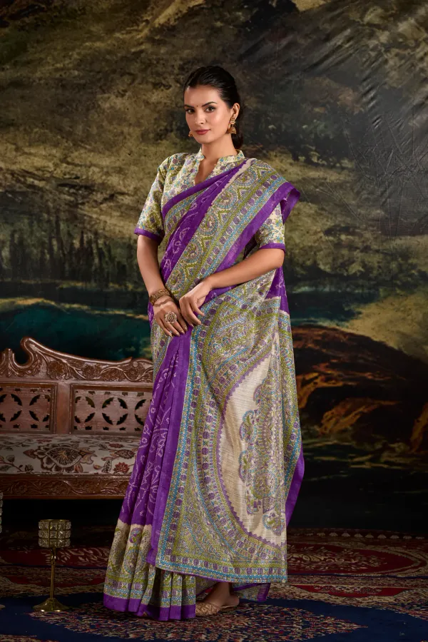 Purple_Pure_Silk_Madhubani_&_Bandhej_Fusion_Print_Saree_with_Unstitched_Blouse