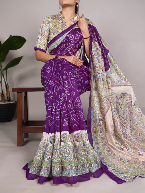 Purple_Pure_Silk_Madhubani_&_Bandhej_Fusion_Print_Saree_with_Unstitched_Blouse