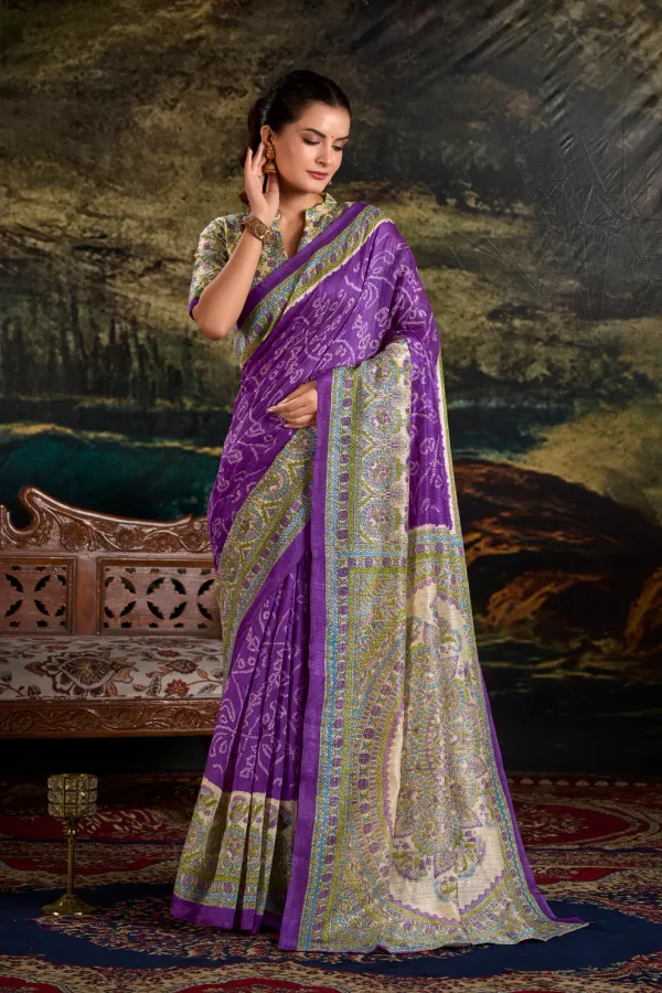Purple_Pure_Silk_Madhubani_&_Bandhej_Fusion_Print_Saree_with_Unstitched_Blouse