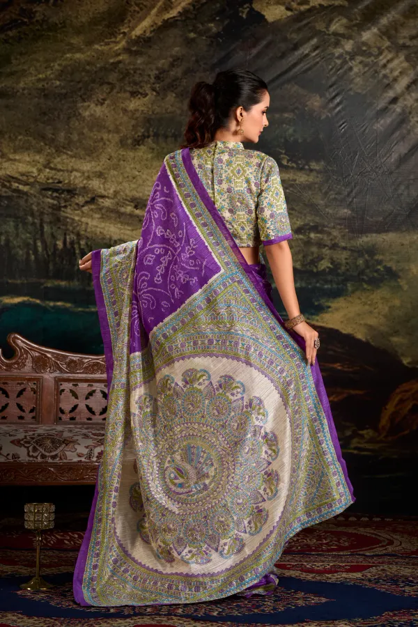 Purple_Pure_Silk_Madhubani_&_Bandhej_Fusion_Print_Saree_with_Unstitched_Blouse