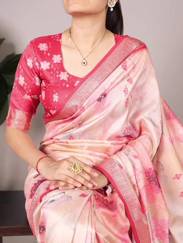 Peach_Floral_Tussar_Silk_Saree_with_Viscose_Border