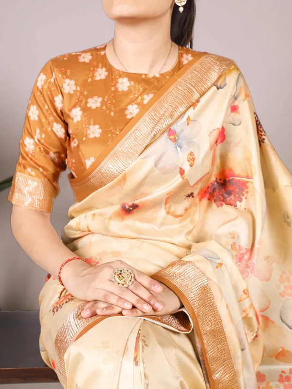 Cream_Floral_Tussar_Silk_Saree_with_Viscose_Border