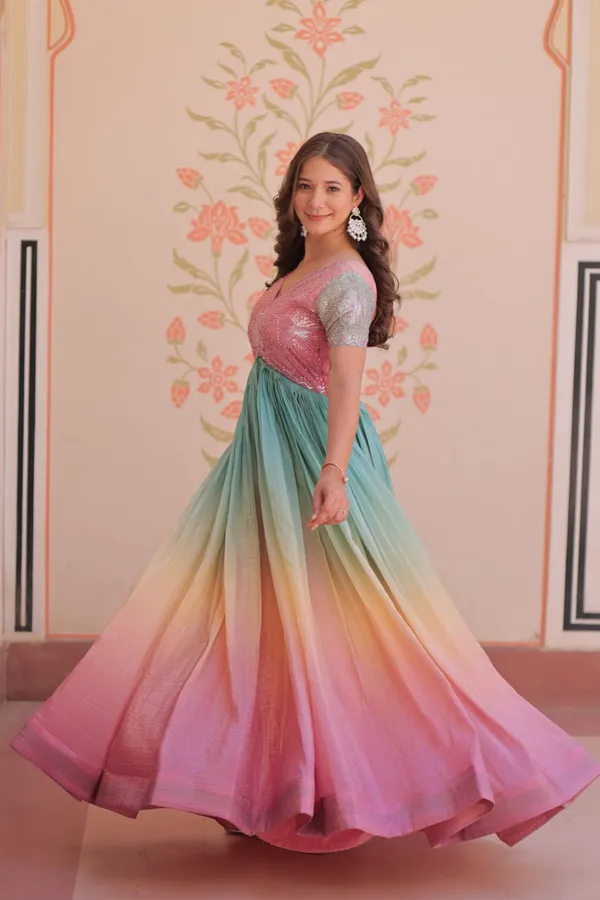 Rangritiya™ Dusty Rose Embroidered Gown with Green to Peach-Pink