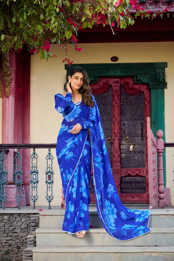 Royal_Blue_Floral_Chiffon_Saree_with_Pearl_Lace_Detailing