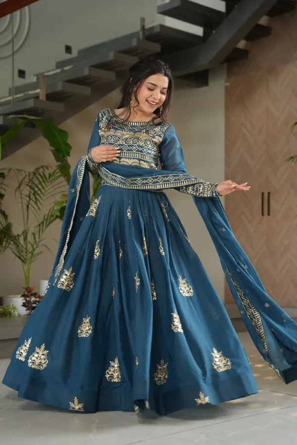 Teal_Blue_Chinnon_Embroidered_Gown_with_Dupatta