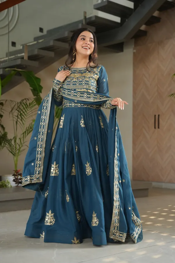 Teal_Blue_Chinnon_Embroidered_Gown_with_Dupatta