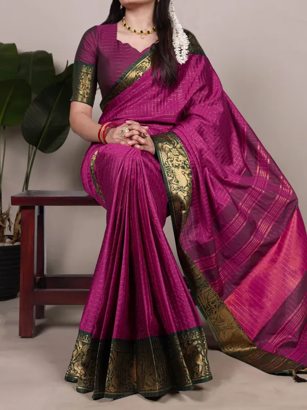 Rani_Pink_Poly_Cotton_Checks_Saree_with_Golden_Zari_Border_|_Elegant_Festive_Saree
