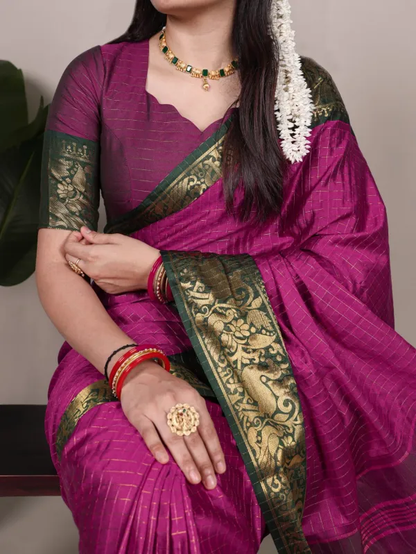 Rani_Pink_Poly_Cotton_Checks_Saree_with_Golden_Zari_Border_|_Elegant_Festive_Saree