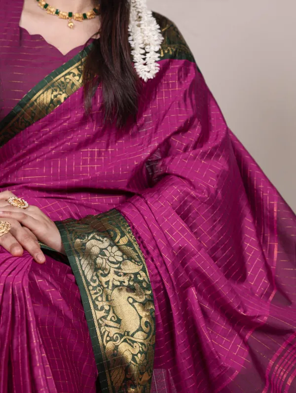 Rani_Pink_Poly_Cotton_Checks_Saree_with_Golden_Zari_Border_|_Elegant_Festive_Saree