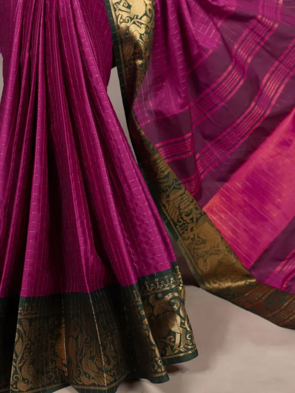 Rani_Pink_Poly_Cotton_Checks_Saree_with_Golden_Zari_Border_|_Elegant_Festive_Saree