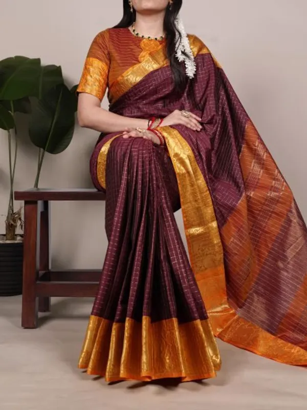Rich_Brown_with_Mustard_Zari_–_A_Regal_Poly_Cotton_Chex_Saree