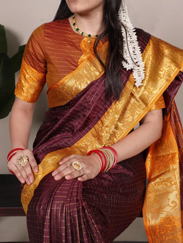 Rich_Brown_with_Mustard_Zari_–_A_Regal_Poly_Cotton_Chex_Saree