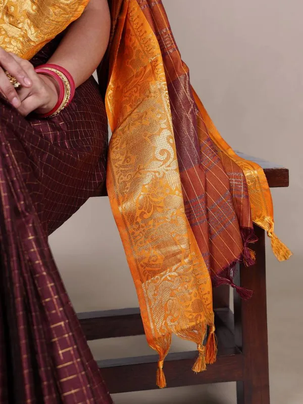 Rich_Brown_with_Mustard_Zari_–_A_Regal_Poly_Cotton_Chex_Saree