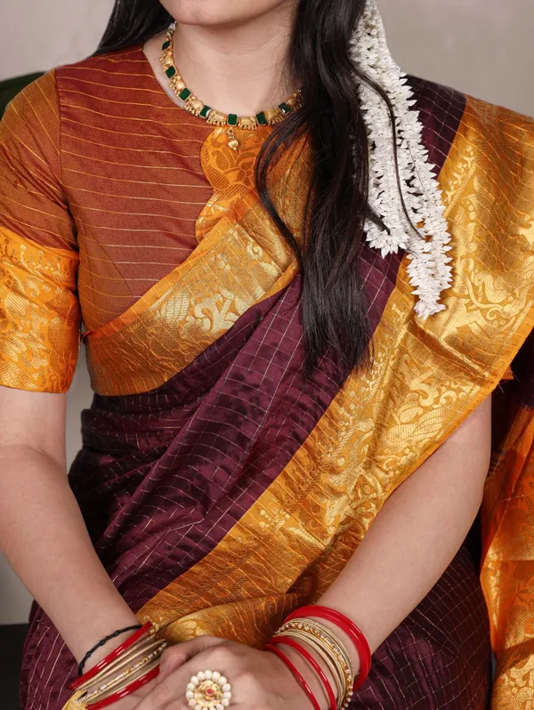 Rich_Brown_with_Mustard_Zari_–_A_Regal_Poly_Cotton_Chex_Saree