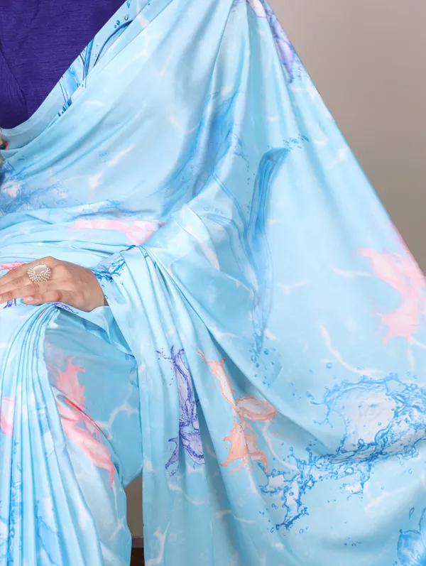 Sky_Blue_Satin_Silk_Floral_Print_Saree_–_Lightweight_Party_Wear