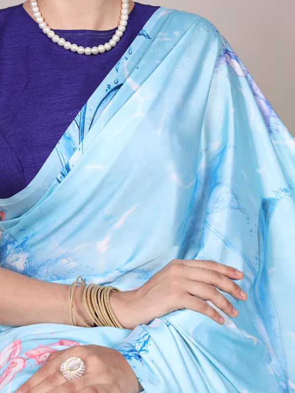 Sky_Blue_Satin_Silk_Floral_Print_Saree_–_Lightweight_Party_Wear