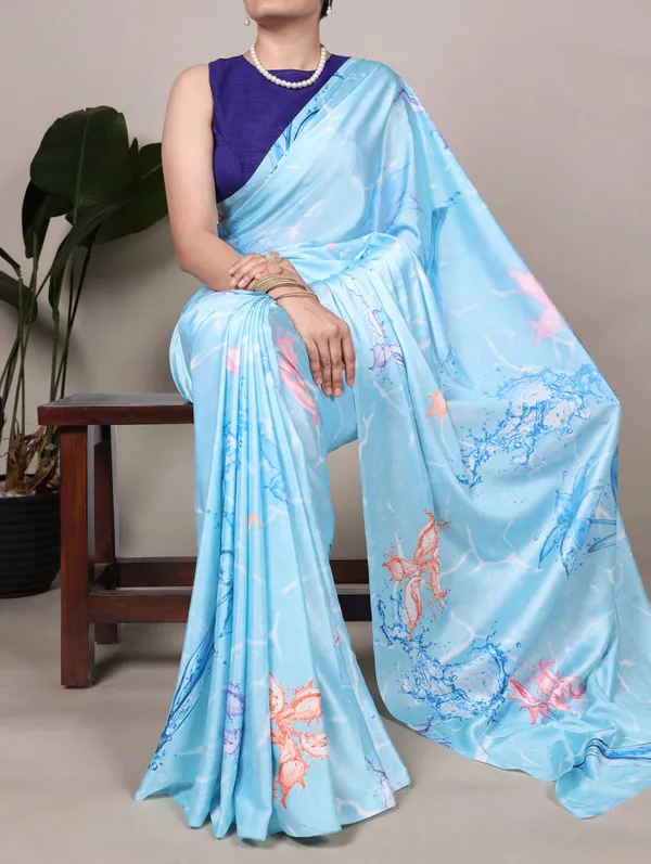 Sky_Blue_Satin_Silk_Floral_Print_Saree_–_Lightweight_Party_Wear
