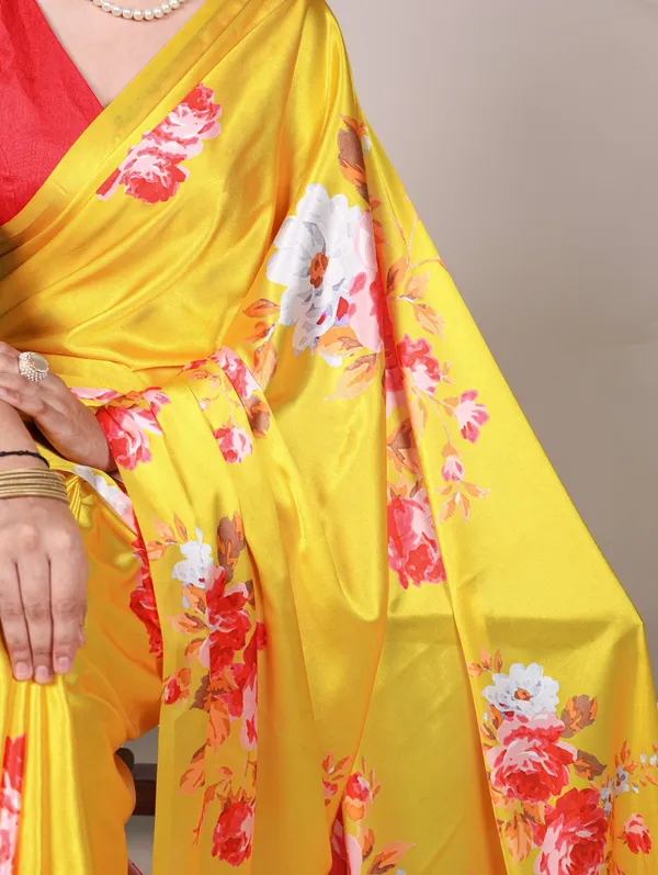Sunshine_Yellow_Satin_Silk_Saree_with_Red_&_White_Floral_Print_–_Festive_Designer_Wear