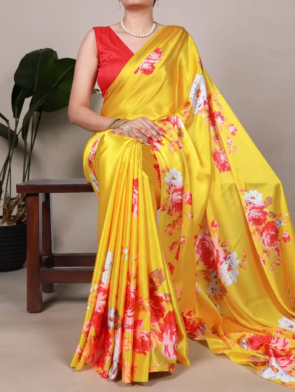 Sunshine_Yellow_Satin_Silk_Saree_with_Red_&_White_Floral_Print_–_Festive_Designer_Wear