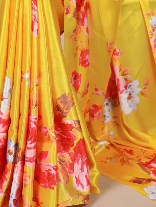 Sunshine_Yellow_Satin_Silk_Saree_with_Red_&_White_Floral_Print_–_Festive_Designer_Wear